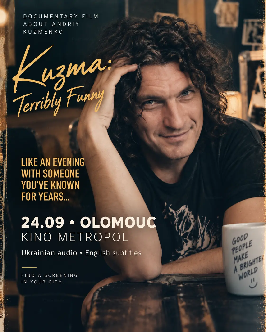 Kuzma: Terribly Funny documentary poster — Andriy Kuzmenko at a table, 24 September, Kino Metropol Olomouc